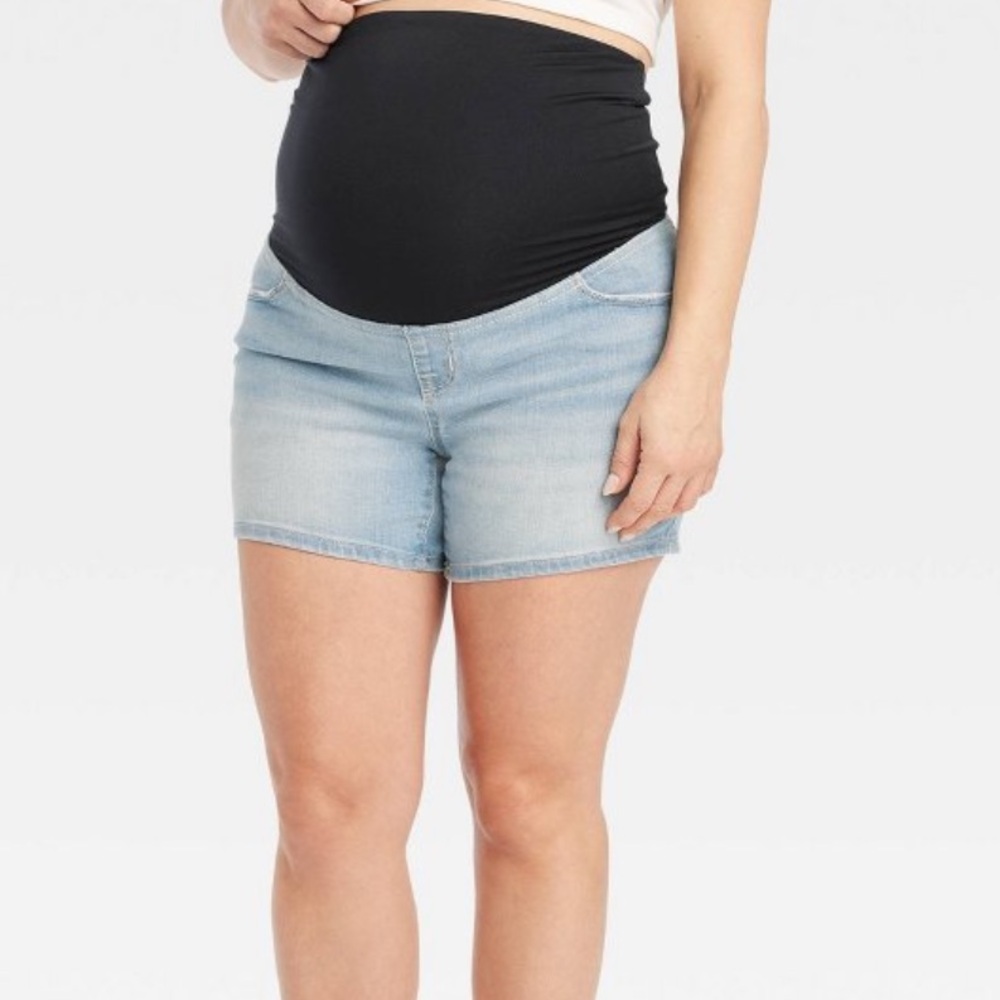 Isabel Maternity Over Belly Midi  Jean Shorts by Ingrid & Isabel Light wash